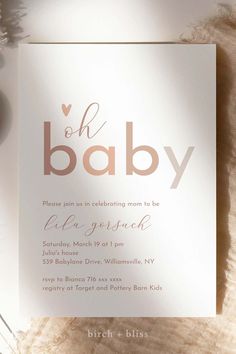 a baby shower is shown with the word oh baby in pink and gold on it