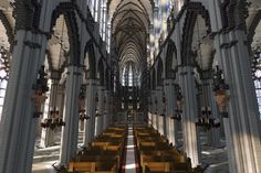 the inside of a large cathedral with rows of pews