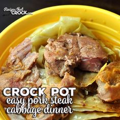 a yellow bowl filled with meat and cabbage