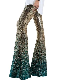 PRICES MAY VARY. Material: Sequins + Lining.This sequin floral trouser is made of high quality full sequins covered for a beautifully embellished with a soft lined for that perfect balance Feature: This extraordinary pair of flare pants features an elastic, stretchy waistband that allows for comfortable wear. . Wide-leg pants can create the illusion of elongating your legs.Embellished with dazzling tonal sequins,keep shiny on you Wide Leg: If you feel like your body is most similar to an apple o 1970s Chic Fashion, Authentic 70s Disco Fashion, Womens 70s Outfits Party, Vegas Cocktail Attire, Womens Disco Outfit, 70s Disco Theme Party Outfit, 70s Theme Party Outfit For Women, Sparkle Flare Pants, 70s Party Fashion