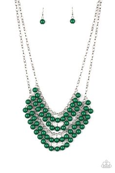 Pairs of green beads cascade from the bottoms of two silver chains, creating a vivaciously layered fringe below the collar. Features an adjustable clasp closure. You don’t need to break the bank to accessorize your wardrobe! Its amazing how much 2 or 3 pieces of jewelry can change the look of an outfit. Sold as one individual necklace. Includes one pair of matching earrings. Collar Verde, Layered Fringe, Necklace Sets, Silver Chains, Fringe Necklace, Green Beads, Paparazzi Accessories, Beaded Fringe, Paparazzi Jewelry