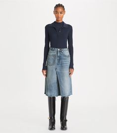 Deconstructed Denim Skirt: Women's Designer Bottoms | Tory Burch Jean Skirt Outfits Spring, Skirt Outfits Spring, Deconstructed Denim, Designer Bottoms, Spring Skirt Outfits, Jean Skirt Outfits, Dresses Designer, Outfits Spring, Runway Collection