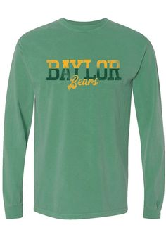 Display your Baylor Bears spirit in this Baylor Green T-Shirt! This Baylor Two Tone Long Sleeve T-Shirt makes a great layer for cooler nights cheering on the Bears. Featuring a center front screen print team name, this Baylor Bears Long Sleeve LS Tee is a must-have for any fan. Go Bears! Comfort Colors brand, 100% ring spun cotton, Soft hand, washed garment dyed fabric, Double needle collar, armhole, sleeve and bottom hems, Twill taped neck and shoulders, Twill joker label, Screen print, 100% Co Long Sleeve Cotton T-shirt With Team Spirit, Long Sleeve Cotton T-shirt With Team Name, Long Sleeve Screen Print T-shirt For Game Day, Long Sleeve Cotton T-shirt For Fans, Pre-shrunk Long Sleeve College T-shirt, Casual Green T-shirt For Fan Gear, Long Sleeve Tops With Text Print For Fan Gear, Game Day Graphic Tee With Long Sleeves, Team Spirit Long Sleeve Cotton T-shirt