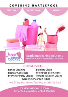 the flyer for cleaning services is shown in pink and white with black lettering on it