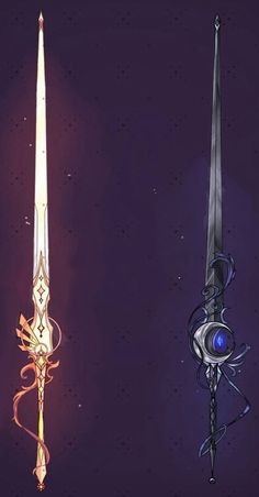 three different types of swords on a purple background, one with blue eyes and the other has