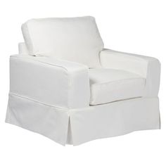 a white chair with a ruffled skirt on it's arm and foot rest