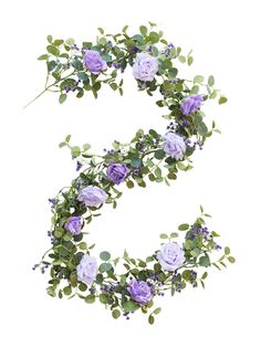 the letter s is made up of purple flowers and greenery with green leaves on it