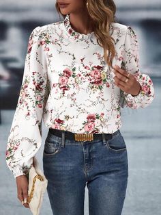 Women's Blouses, Shirts | Dressy Tops | SHEIN USA Printed Blouses For Women, Pink Floral Top Outfit Jeans, Romantic Clothing Style Casual, Rose Blouse Outfit, Rose Top Outfit, Floral Print Tops Blouses