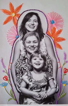 an image of two women and a child with flowers around them on a white background