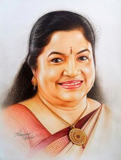 a drawing of a smiling woman with long black hair and wearing a red sari