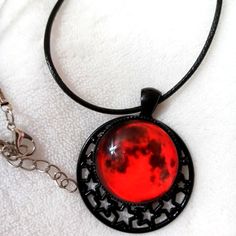 Red Crescent Moon Star Necklace Leather Necklace Length 17 Inch Adjustable Red Star-shaped Jewelry For Parties, Red Star-shaped Party Jewelry, Handmade Red Star Jewelry, Adjustable Red Necklace For Halloween, Handmade Black Star Necklace, Red Crescent Moon, Royal Au, Red Crescent, Moon Star Necklace