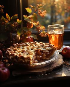 an apple pie sitting on top of a wooden cutting board next to apples and a cup of tea