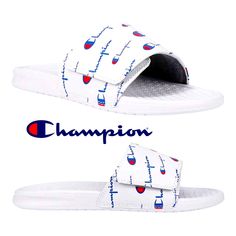 Slide Into Comfort With The Bold Style Of The Champion Foundation Adjustable Slide. This Lightweight Slide Is The Perfect Choice For Lounging About With An Adjustable Bandage Strap For A Personalized Fit. Featuring Champion Graphics For Added Flair While A Textured Footbed Cushions Your Feet For All-Day Comfort. Brand: Champion Color: White Embossed "Champion Scripture" Logo Features: Adjustable Velcro Closure, Open Toe, Lightweight, Slide Sandal Contents: 100% Pu Care Instructions: Wipe Clean B Mens Slide Sandals, Champion Shoes, Hang Ten, Mens Slides, Champion Logo, Calvin Klein Men, Athletic Pants, Bold Fashion, Slide Sandals