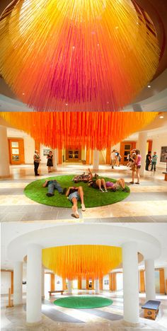 two pictures of people laying on the ground in front of a large orange and yellow sculpture