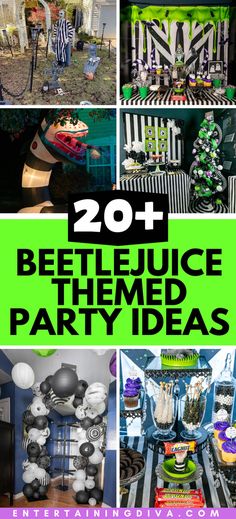 Beetlejuice Themed Party Ideas | Halloween Beatle Juice Movie Night, Beetlejuice Theme Movie Night, Bettle Juice Party Theme, Tim Burton Themed Birthday Party, Halloween Theme Ideas Decoration, Tim Burton Themed Party Food, Beetlejuice Snack Ideas, Beetle Juice Food Ideas, Beetle Juice Party Decorations