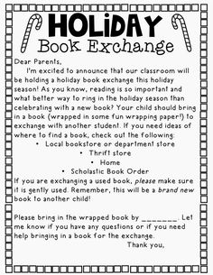 a holiday book exchange is shown in black and white