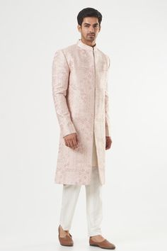 Blush pink sherwani in silk base with floral embroidery. Comes with a pant. - Aza Fashions Pink Sherwani, Mithila Palkar, Embroidered Sherwani, Shilpa Shetty, Sara Ali Khan, Kareena Kapoor Khan, Madhuri Dixit, Cocktail Reception, Luxury Sale