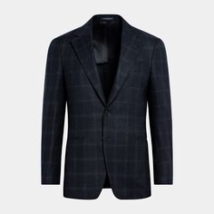 This navy checked blazer is cut to a tailored fit with a slim chest and waist for a fitted silhouette and natural shoulders. It features a single-breasted closure, wide notch lapel, and jetted pockets. Elegant Plaid Suits With Hidden Button Closure, Luxury Fitted Plaid Blazer, Timeless Plaid Suit With Notch Lapel, Timeless Plaid Suits With Notch Lapel, Timeless Plaid Suits For Work, Timeless Plaid Suit For Work, Fitted Plaid Timeless Blazer, Timeless Fitted Plaid Blazer, Formal Plaid Suit With Lapel Collar