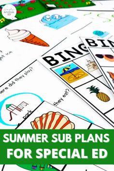 the words summer sub plans for special ed are shown on top of an image of beach themed