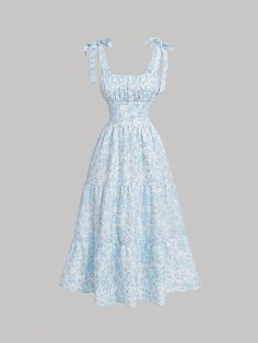 Robe Pour Femme Avec Nœud Papillon Décoratif À Imprimé Floral Bleu et Blanc Bohème  Sans manches Tissu tissé Plantes Top avec fines brides Pas de l'extensibilité  Women Clothing, size features are:Bust: ,Length: ,Sleeve Length: Tie Decor, Slytherin Clothes, Modest Girly Outfits, Lunch Dresses, Fabric Plants, Spring Summer Capsule Wardrobe, Concert Dresses, Flower Maxi Dress