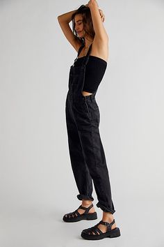 Cheap Black Denim Jumpsuit For Spring, Black High Waisted Overalls, Black Overalls Long Sleeve, Overalls Combat Boots, Black Overalls Straight Leg, Womens Black Denim Overalls, Overalls For Women, Black Overalls, Free People Style