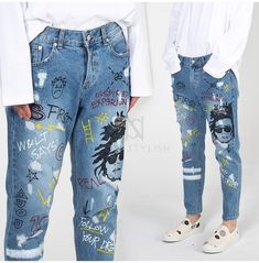 Funky scribble printed denim jeans Funky Jeans, Diy Ripped Jeans, Printed Denim Jeans, Denim Projects, Custom Jeans, Stylish Mens Fashion, Painted Jeans, Denim Crafts, Denim Diy