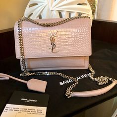 Ysl Saint Laurent Monogram Collge Sunset Medium Croc-Embossed Bag. Silver Hardware. Pink/ Nude Croc-Embossed Leather. Perfect Size. Like New. Includes Dust Bag. Ysl Bags, Embossed Bag, Saint Laurent Handbags, Medium Handbags, Yves Saint Laurent Bags, Pink And Silver, Luxurious Design, Saint Laurent Bag, Leather Messenger Bag