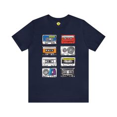 a t - shirt with cassette tapes printed on the front and back, all in different colors