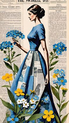 a woman in a blue dress with flowers and newspaper