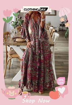 Women Fashion Casual Bohemian Tiny Flower Print V-neck Horn Sleeve Maxi Dress Multicolor Floral Print V-neck Dress For The Beach, Green Bohemian V-neck Dress For Summer, Multicolor Floral Print V-neck Dress, Flowy V-neck Floral Dress For Fall, Hippie Boho Print V-neck Dress, Printed V-neck Boho Dress For Festivals, Multicolor Flowy V-neck Maxi Dress, Bohemian V-neck Maxi Dress With Floral Print, Bohemian V-neck Floral Print Maxi Dress