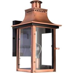 an outdoor wall light that is made out of copper and has a clear glass door