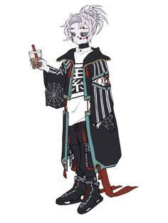 a cartoon character with white hair and makeup holding a drink in one hand, while wearing black