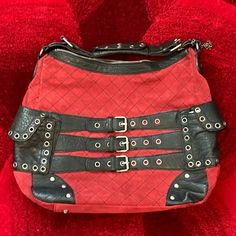 This Beautiful, Red Suede Betsey Johnson Hobo/Shoulder Bag Has Brass Tone Hardware, Studs, Rivets, Buckles And Snaps. The Design Is Extraordinarily Rare And A Collector's Item- I Have Never, Ever Seen Another One Like It For Sale! The Interior Is Lined With Cheetah/Leopard Print Fabric. There Is 1 Large Compartment With A Magnetic Snap Closure, 1 Horseshoe Zippered Compartment Inside, And 2 Smaller Open Pockets (See Photos). This Vintage Style Is Sold Out Everywhere And Very Difficult To Find. Purchased Brand New Circa 2005, Worn Out On 1-2 Special Occasions, And In Ziploc Storage Since (Smoke-Free And Pet-Free Home). Looks Brand New. No Visible Rips, Tears, Stains, Or Scuffs. 100% Ziploc Storage, Bag Y2k, Leopard Print Fabric, Vintage Betsey Johnson, Hobo Shoulder Bag, Betsey Johnson Bags, Red Suede, Print Fabric, Betsey Johnson