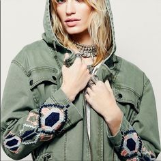 Never Worn Embroidered Green Parka From Free People Embroidered Relaxed Fit Outerwear For Fall, Embroidered Green Outerwear For Fall, Casual Outerwear With Floral Embroidery, Casual Embroidered Outerwear, Casual Fall Outerwear With Geometric Embroidery, Spring Embroidered Green Outerwear, Fall Outerwear With Multicolor Geometric Embroidery, Fall Multicolor Geometric Embroidered Outerwear, Hooded Embroidered Fall Outerwear