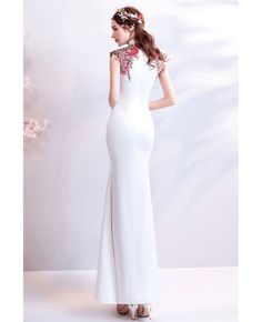 Buy Chinese Retro Cheongsam Style Long White Formal Dress With Flowers at wholesale price online. Free shipping and pro custom service since 2009. White Full Length Spring Dresses, White Full-length Banquet Dress, Traditional White Cheongsam For Wedding, White Fitted Cheongsam For Spring, White Long Dress Formal, White Long Cheongsam For Spring, Fitted White Cheongsam For Summer, White Fitted Cheongsam For Summer, White Fitted Cheongsam With Short Sleeves