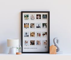 there is a framed photo with pictures on it next to a lamp and other items