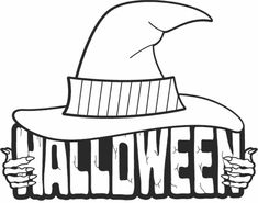 a black and white drawing of a hat on top of the word halloween with hands holding it