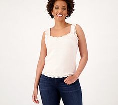 Lovely as a layer, this tank takes a style staple and gives it a reason to standout on its own (no jacket or cardi required!). Yes it looks great under a summer blazer, but with the delicate crochet and scalloped trim, you'll want to keep its detailed design uncovered. From Isaac Mizrahi Live!TM. Summer Blazer, Delicate Crochet, Scalloped Trim, Detailed Design, Isaac Mizrahi, Crochet Details, Crochet Trim, A Style, Upcoming Events