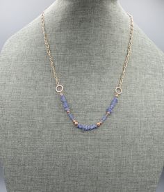 Tanzanite chip and rondel beaded and rose gold accented necklace on rose gold tone Figaro chain measures 24 inches.  Adjustable necklace  features a 3 inch extender. Adjustable Rose Gold Beaded Necklace, Rose Gold Beaded Chain Jewelry For Crafting, Diy Chain Necklace, Gemstone Necklace Diy, Pearl Art, Necklace Inspiration, Charleston Wv, Diy Necklaces, Bijoux Fil Aluminium