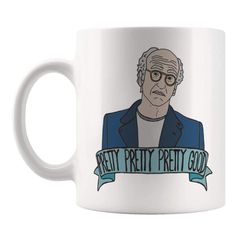 a white coffee mug with an image of bernie sanders on it