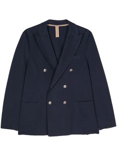 navy blue piqué weave peak lapels long sleeves faux-buttoned cuffs chest welt pocket two side patch pockets English rear vents straight hem double-breasted button fastening Reebok Club C, Blazer Blue, Versace Outfit, Tuxedo Suit, Balenciaga Triple S, Breasted Blazer, Short Suit, Double Breasted Blazer, Nike Air Max 97