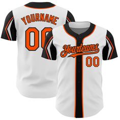 Custom White Orange-Black 3 Colors Arm Shapes Authentic Baseball Jersey Customizable Black Baseball Jersey For Game Day, Collegiate Baseball Jersey For Customization, Customizable Black Varsity Baseball Jersey, White College Baseball Jersey With Team Logo, White Baseball Jersey With Team Logo For College, Customizable Baseball Jersey With Baseball Collar, Collegiate Jersey With Customizable Baseball Collar, Collegiate Customizable Jersey With Baseball Collar, White Baseball Jersey With Team Name For College