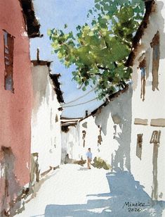 a watercolor painting of a narrow street