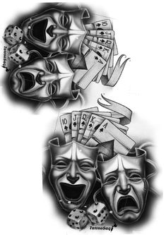 two masks with playing cards and dices on them, one is black and white