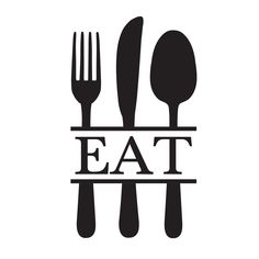 the word eat with forks and spoons in black on a white background, as if it were for a restaurant or cafe