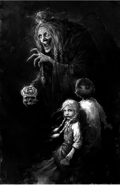 a black and white drawing of a scary woman with two children