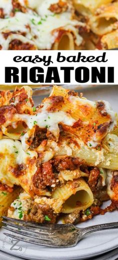 an easy baked rigatoni recipe on a white plate with a fork and text overlay