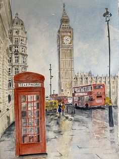 a watercolor painting of the big ben clock tower and red telephone booth in london