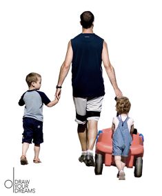 a man holding the hand of a small boy in front of a red wagon with wheels