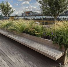 a bench sitting on top of a wooden deck next to tall grass and trees in the background